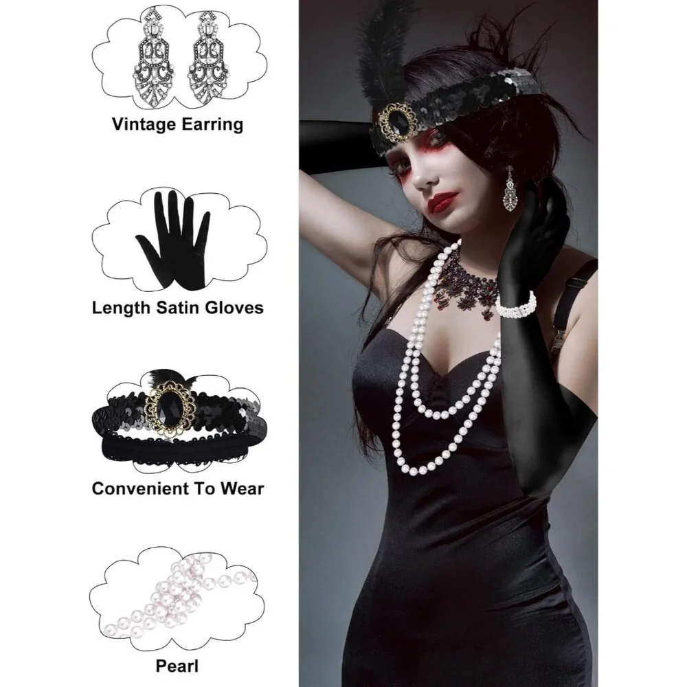1920s Flapper Accessories Set Feather Headband Long Gloves Earrings Necklace - Picture 3 of 6